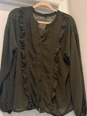 R&B Olive Ruffle Front Women's Blouse